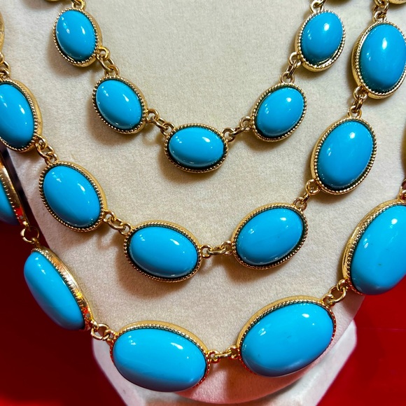 Bold Turquoise Multi-Strand Statement Bib Necklace – Gold Tone Oval Cabochons - Picture 4 of 6